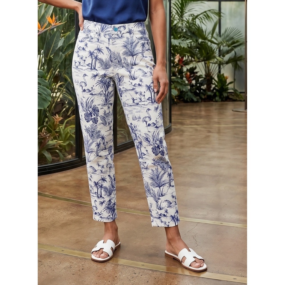 J. McLaughlin Tropical Flamingo Ankle Pants Women's 8 Navy White‎ Coastal Travel